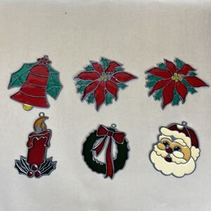 6 Vintage Faux Stained Glass‎ Look Christmas Ornaments Holly Santa Bell Wreath
